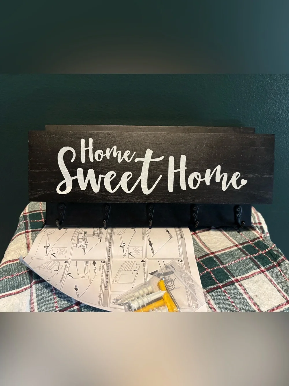 Home Sweet Home Black Wooden Wall Mail/Key Holder with Hooks Hardware Included